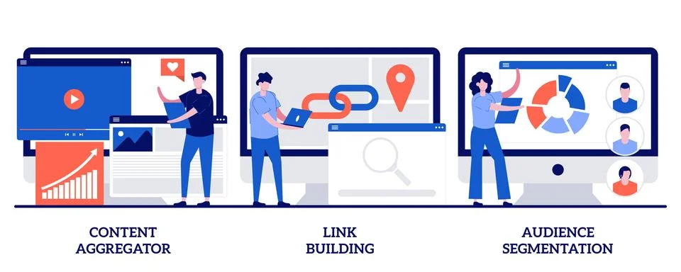 Content aggregator, link building, audience segmentation concept with tiny .. Stock Illustration