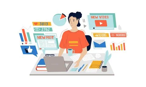 Content analysis. Freelance technology expert. Employee working on effective SMM イラスト素材