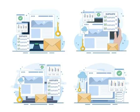 Content analysis set, marketing performance tracking, data driven strategy. Stock Illustration