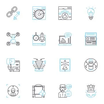 Content analytics linear icons set. Insights, Optimization, Engagement Illustrazione stock