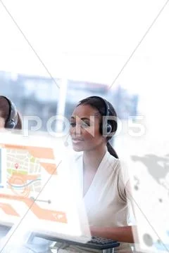 Content call center employee using futuristic interface hologram Stock Photos