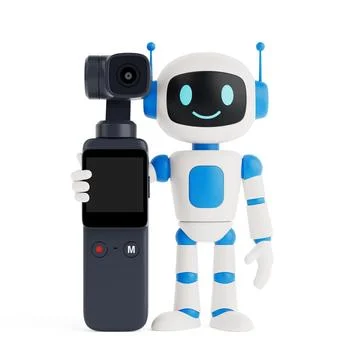 Content Creation And AI Concept. Smiling AI Robot Holding Action Camera. 3d.. Stock Illustration