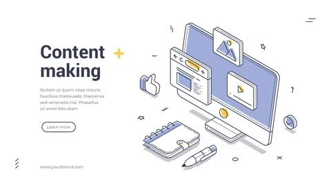 Content Creation And Digital Multimedia Production Isometric Web Banner Vec.. Stock Illustration