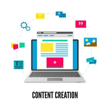 Content creation concept. Laptop with website on screen and elements of devel Stock Illustration