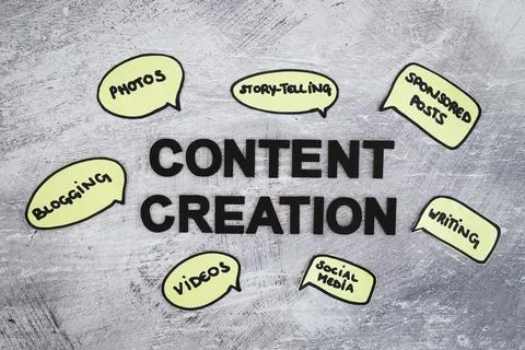Content creation concept, text surrounded by comic bubble icons with differen Stockfoto's