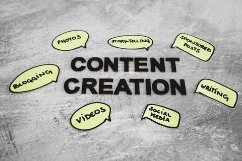 Content creation concept, text surrounded by comic bubble icons with differen Stockfoto's
