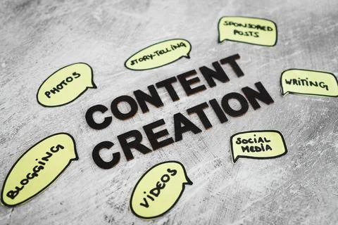 Content creation concept, text surrounded by comic bubble icons with differen Stockfoto's