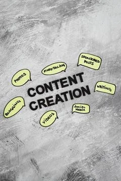 Content creation concept, text surrounded by comic bubble icons with differen Stockfoto's