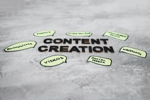 Content creation concept, text surrounded by comic bubble icons with differen Stockfoto's