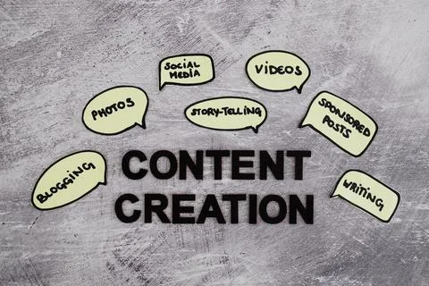 Content creation concept, text surrounded by comic bubble icons with differen Stockfoto's