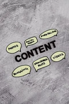Content creation concept, text surrounded by comic bubble icons with differen Stockfoto's
