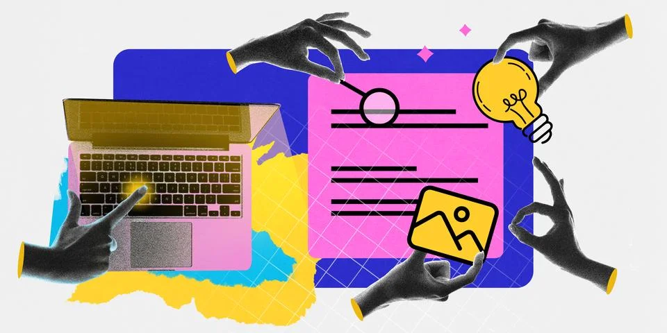 Content creation. Hands revise document with magnifying glass, lightbulb, and Stock Photos