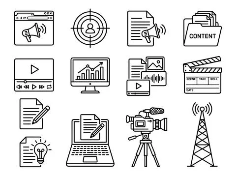 Content creation icons set for digital marketing, video production, and med.. Stock Illustration