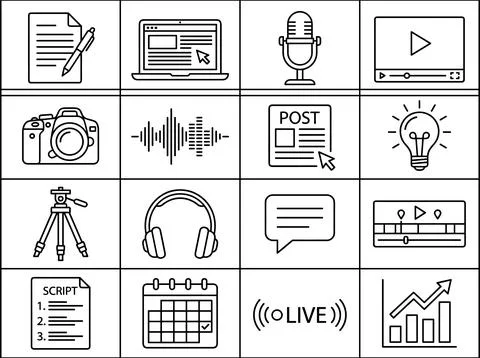 Content creation icons set: document with pen, laptop, microphone, video pl.. Stock Illustration