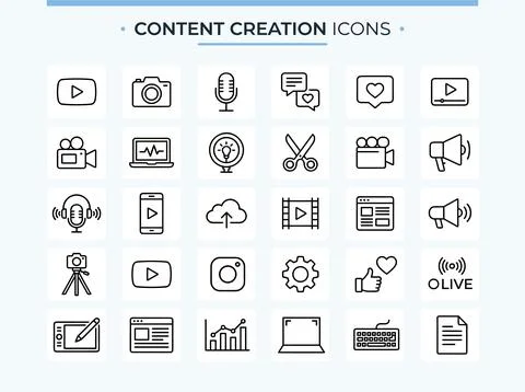 Content creation icons set with play button, camera, microphone, video came.. Stock Illustration