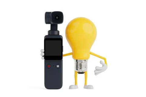 Content Creation Idea Concept. Yellow Cartoon Light Bulb Character Holding .. Illustrazione stock
