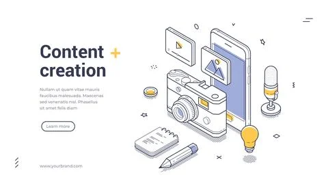 Content Creation Isometric Web Banner Template Vector Illustration Stock Illustration