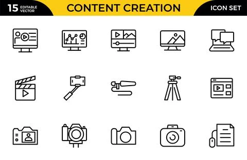 Content creation line icon set. Group of object. Innovation, creativity, id.. Stock Illustration