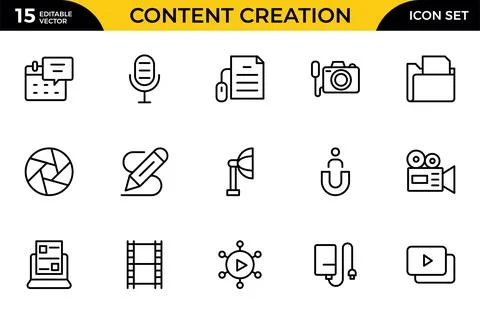 Content creation line icon set. Group of object. Innovation, creativity, id.. Stock Illustration