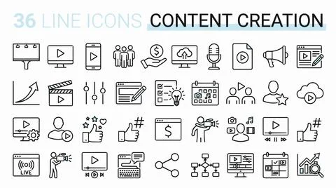 Content creation line icons set for social media marketing and online busines Stock Illustration
