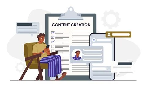 Content creation man. Man with smartphone sitting near large clipboard. SMM Stock-Illustration