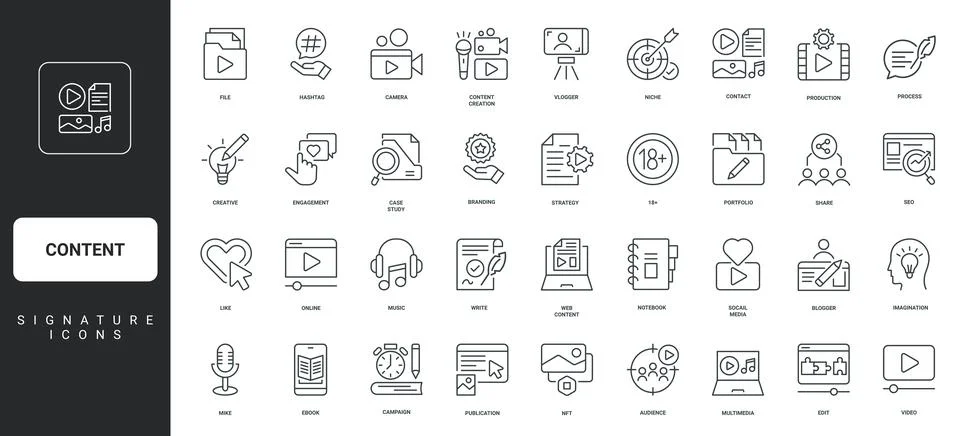 Content creation process and imagination, publication on social media line icon Stock Illustration