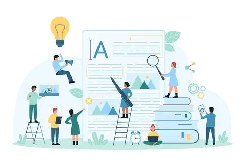 Content creation service, copywriters create article, write text of document Stock Illustration