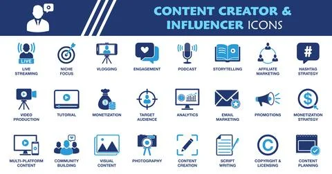 Content Creator and Influencer Icon Set. Collection of Live Streaming, Vlog.. Stock Illustration