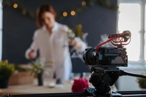 Content creator recording video tutorial for social media. 写真素材