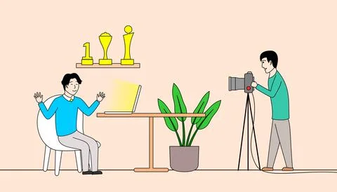 Content creator sit at the table with a laptop n front off him Stock Illustration