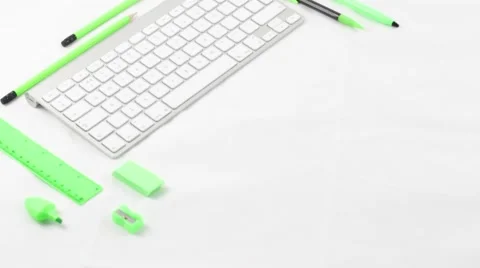Content Creator Styled desktop green stationary shop space keyboard Stock Footage 68738818