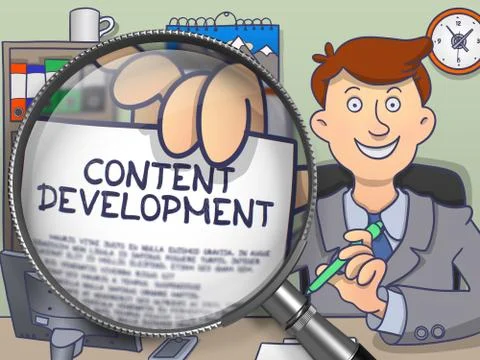 Content Development through Magnifier. Doodle Style Stock Illustration