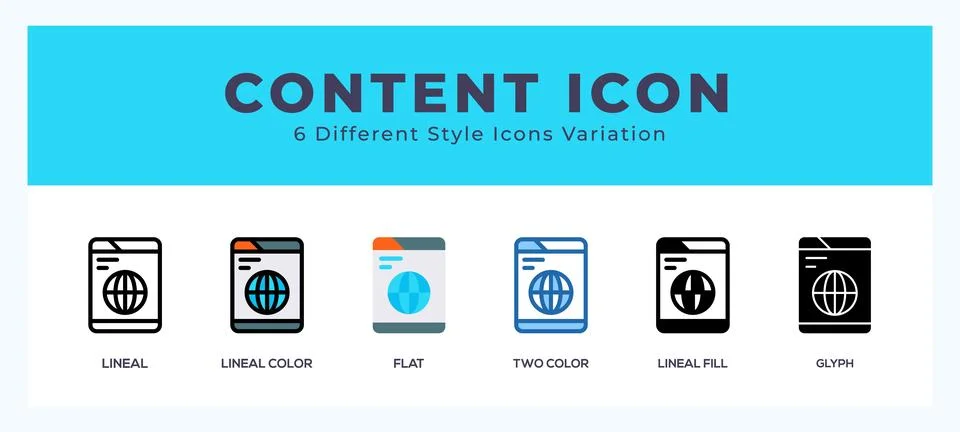 Content icon set with different styles. Icons designed in filled. outline. .. Illustrazione stock