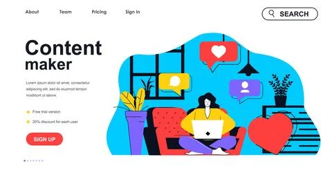 Content maker concept for landing page template. Woman creates content for so Stock Illustration