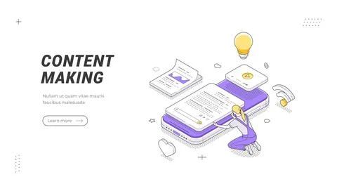 Content Making banner template. An isometric vector illustration features a w Stock Illustration
