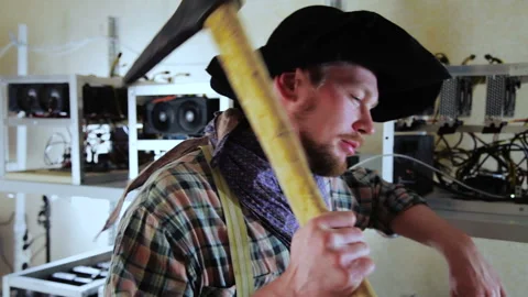 Content man posing at mining farm with pickaxe Stock Footage 85683755