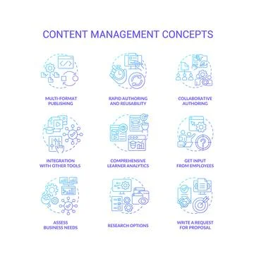Content management blue gradient concept icons set Stock Illustration