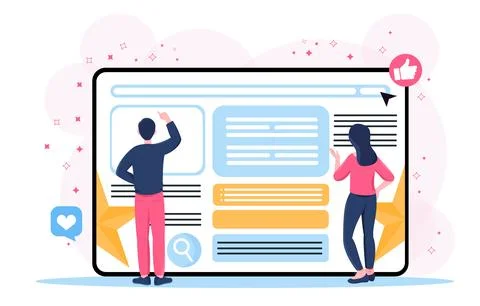 Content management concept. Man and woman near large tablet with webpage. SMM Stock-Illustration
