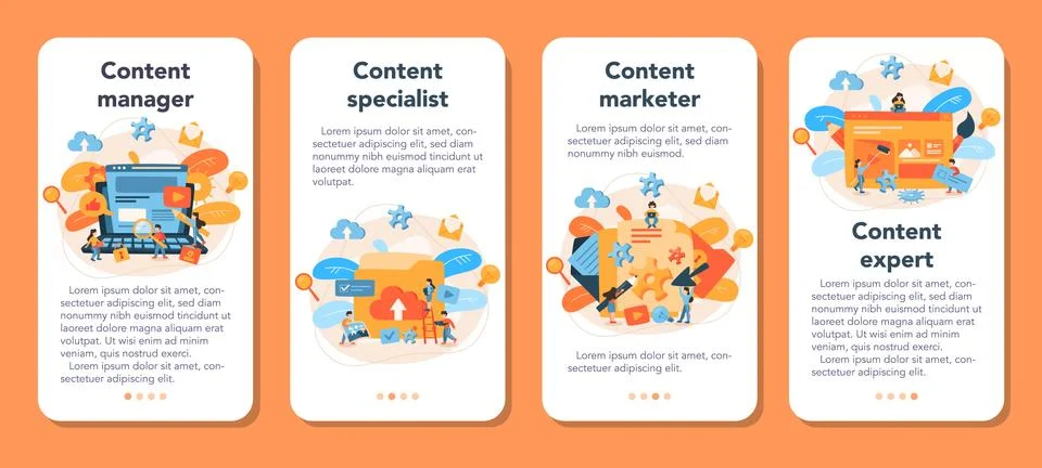 Content management mobile application banner set. Idea of digital strategy 스톡 일러스트