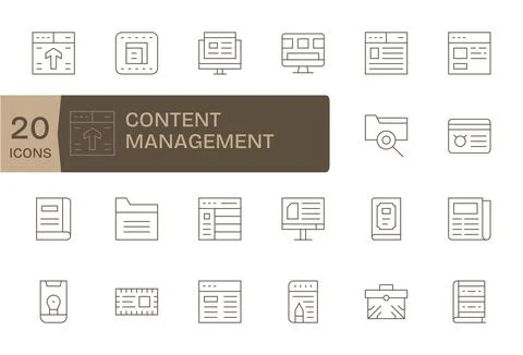 Content Management Scalable Vector Set featuring 20 PIXEL Perfect Thin Line.. Stock Illustration
