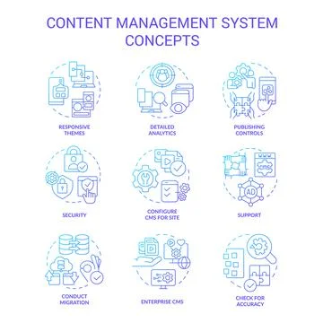 Content management system blue gradient concept icons set Illustrazione stock