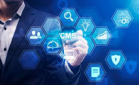 Content management system. Collage of SMM manager, computer icons and CMS button Stock Photos
