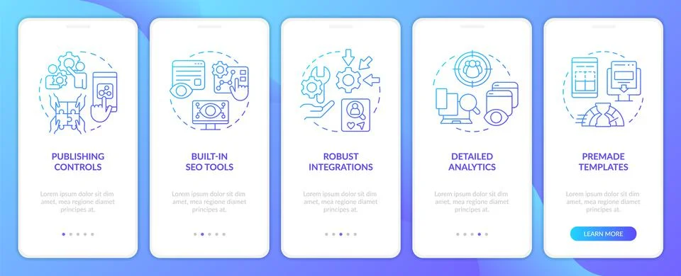 Content management system options blue gradient onboarding mobile app screen Illustrazione stock