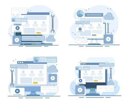 Content management system set featuring website CMS tools Stock Illustration