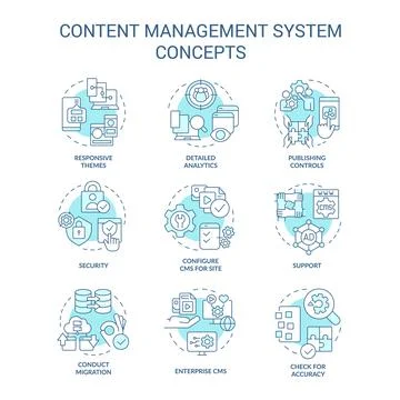 Content management system turquoise concept icons set Stock Illustration