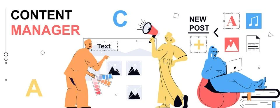 Content manager concept in flat cartoon design for web banner. People filli.. Illustrazione stock