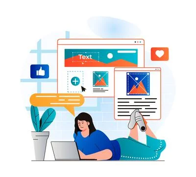 Content manager concept in modern flat design. Woman writes texts, fills site 스톡 일러스트