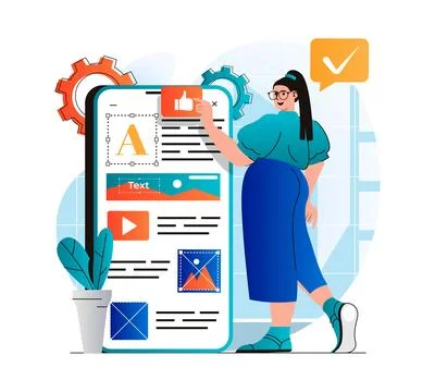 Content manager concept in modern flat design. Woman places elements, fills site Stockillustratie