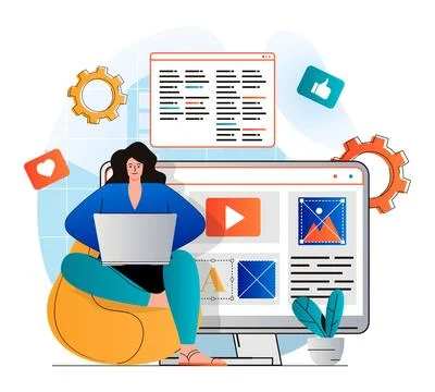 Content manager concept in modern flat design. Woman writes texts and places 스톡 일러스트