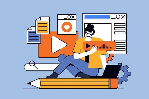 Content manager concept with people scene in flat design for web. Woman using 스톡 일러스트
